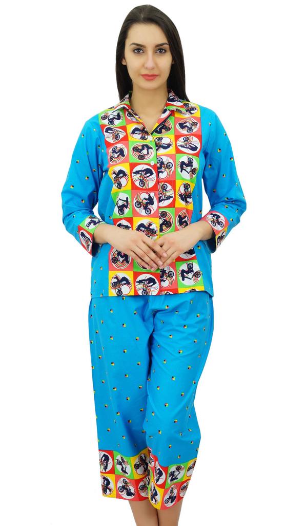 Bimba Cotton Button-Down Shirt With Pajama Capri Pants Set Lounge Wear Night
