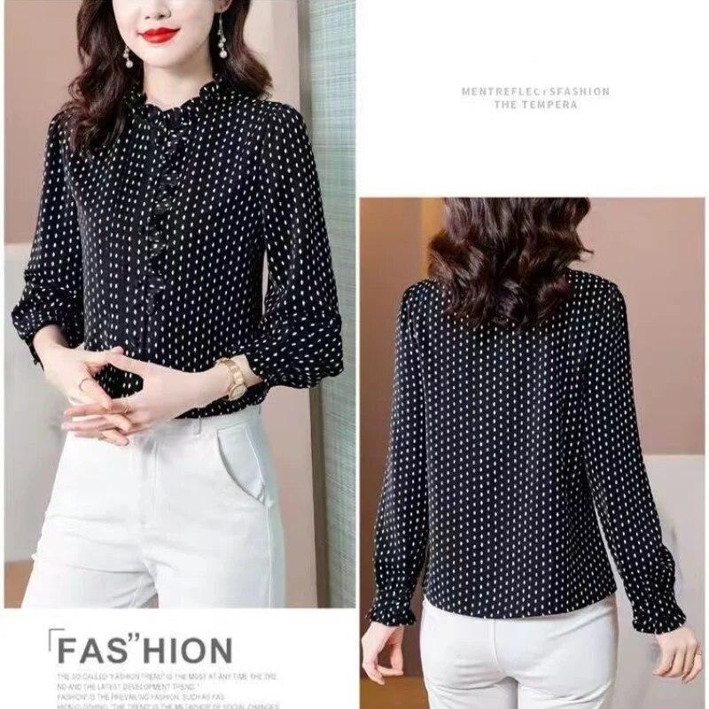 M-4XL Simulated Silk Shirt Women's Spring Autumn New Long Sleeved Top French Ruffled Stand Collar Printed Bottoming Shirt