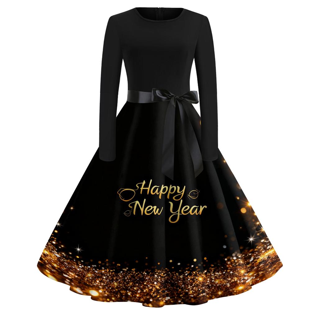 Женское повседневное модное платье с круглым вырезом и длинным рукавом с новогодним принтом в ретро-стиле