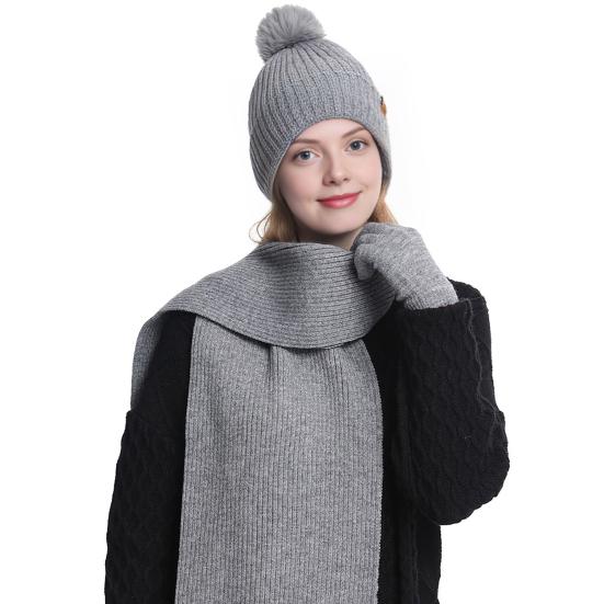 3Pcs/Set Winter Knitted Scarf Gloves Set Pom Pom Ball Double Layer Thickened Brimless Hat Touchscreen Gloves Neck Warmer Set