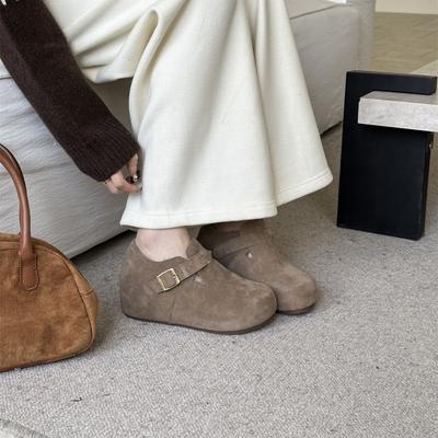 2025 новые туфли-лодочки с круглым носком из матовой кожи на скрытой танкетке, универсальные для работы, с ремешком и пряжкой, женские утепленные туфли Boken