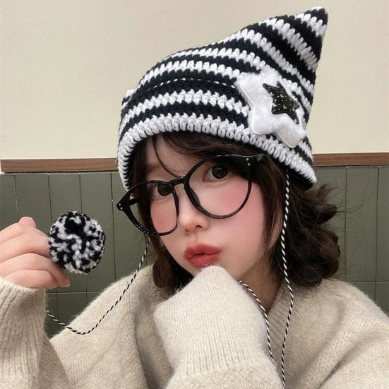 Japanese Style Cat Ear Beanie Hat Star Striped Print Knitting Hat Autumn Winter Plush Ball Pendant Warm Hat