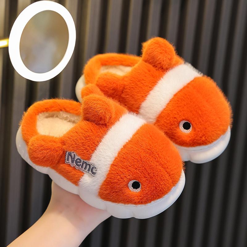 For Boy Toddler New Slippers Kids Indoor Winter Cartoon Fish Plush Warm House Footwear Soft Rubber Sole Home Shoes