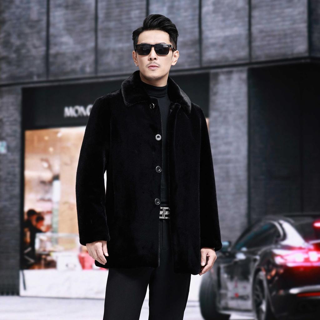 Мужская шуба из норки Хайнин, Зимняя шуба из искусственного меха норки, Лацкан, Средняя длина, Искусственный мех, Пух норки, Мужская одежда большого размера, Утепленная