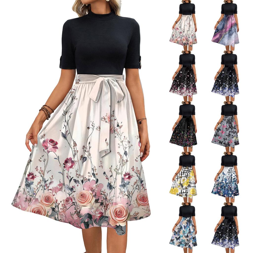 Women's Fashion Casual Belt Short Sleeve Round Neck Floral Elegant Temperament Dress