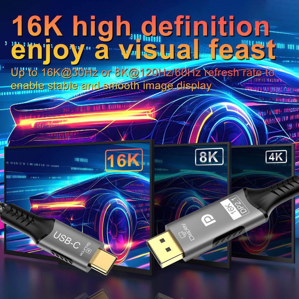 Кабель 16K USB C на DP 2.1 Type-C к DisplayPort, Пропускная способность 54 Гбит/с, 16K@30Hz 8K@60Hz, Совместим с Thunderbolt 3/4 MacBook Ноутбук ПК Телевизор Проектор