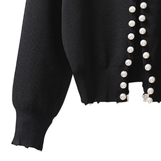 Вязаный кардиган с открытым передом, круглым воротником, длинными рукавами, свитером, пальто с отделкой из искусственного жемчуга, однотонная теплая верхняя одежда