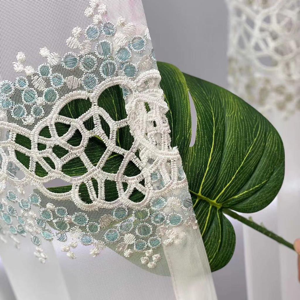 Flower Golden Embroidered Sheer Voile Curtain with Top Lace Valance, Suitable for Living Room, Bedroom, Kitchen Home Decor