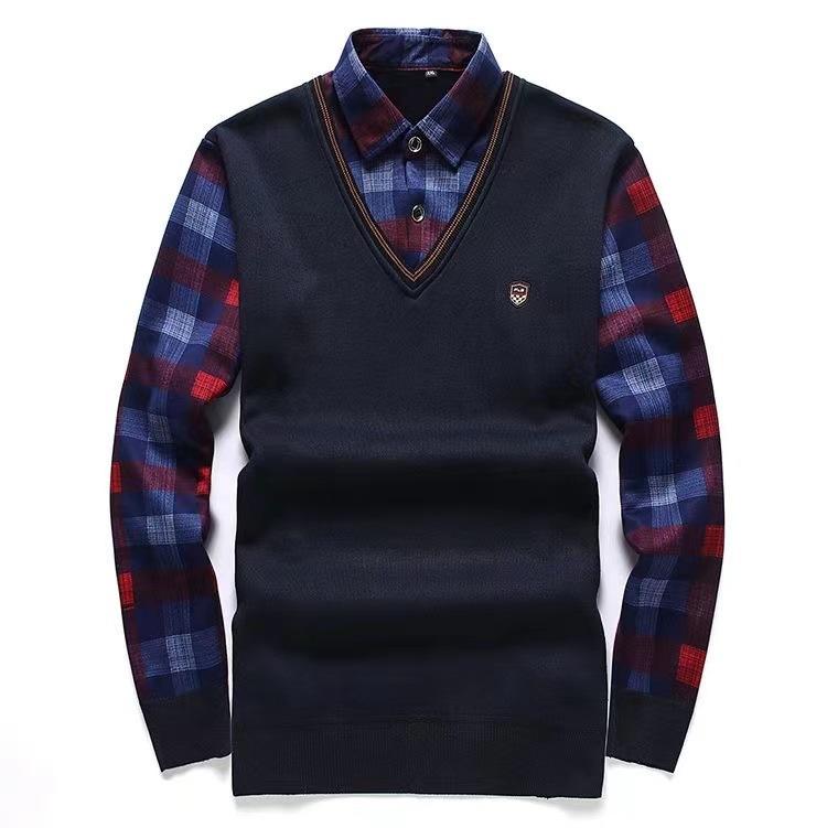 Мужской осенний повседневный свитер из двух частей с воротником-рубашкой из утолщенного бархата