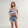 T-Shirt Bergaris Sambungan Longgar Sambungan Longgar Pullover Kasual Sweater Rajut Lengan Pendek Wanita