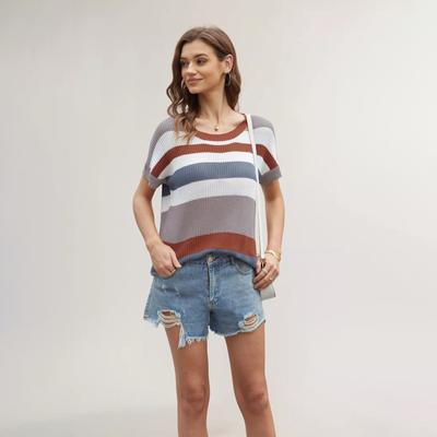 Футболка Bergaris Sambungan Longgar Sambungan Longgar Пуловер Kasual Свитер Rajut Lengan Pendek Wanita