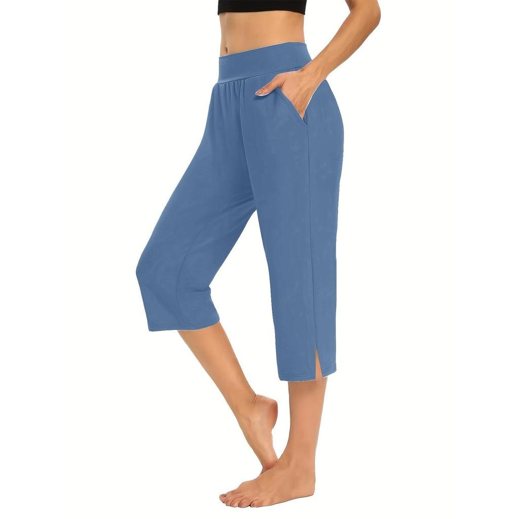 Women Elastic High Waist 3/4 Pant Casual Active Fit Wide Capris Leg Pants Trousers With Pockets