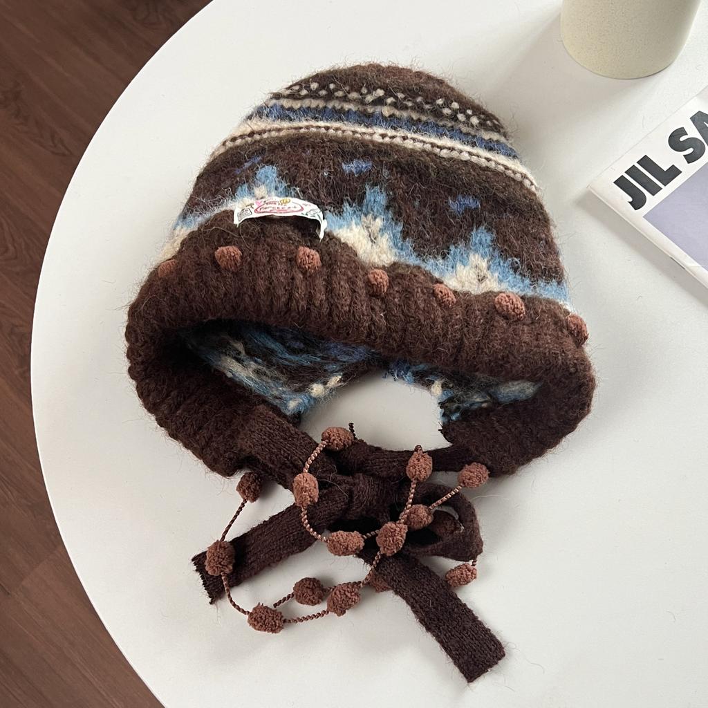 Fair Island retro knitted bag head hat women's new winter face small warm and cold ear protective wool hat