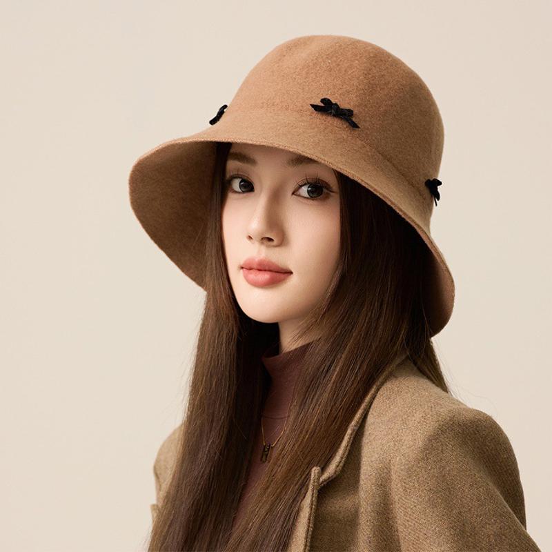 Autumn Winter Bow Wool Hat Solid Color Fisherman Hat Women's Basin Hat