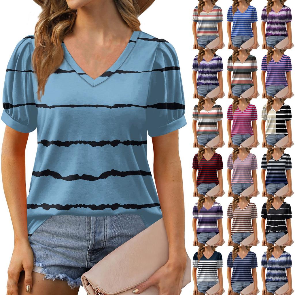 Women's Fashion Striped Printed Top Puff Short Sleeve V-neck T-shirt Loose Casual T-shirt