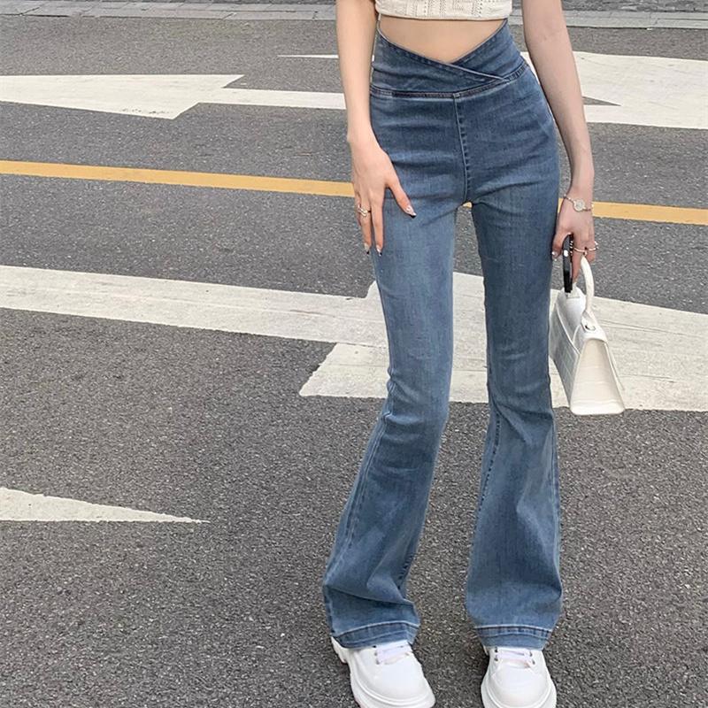 Весна 2022, модные женские джинсы с высокой талией, женские широкие джинсы, узкие тонкие женские джинсовые брюки-клеш, джинсовые брюки для мамы