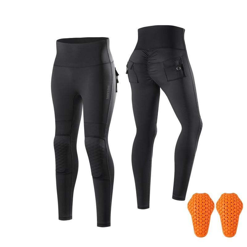1 Womens High-Waisted Compression Motorcycle Riding Pants With Removable Knee Protectors Stretch PU Fabric Cycling Outdoor