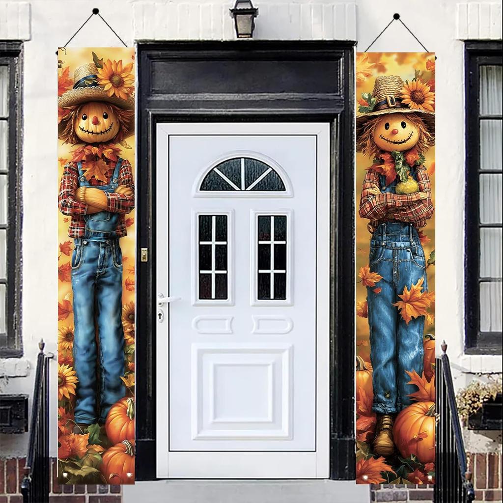 2PCS Fall Porch Sign Scarecrow Porch Banner Autumn Harvest Door Decoration Thanksgiving Front Door Decor Rustic Farmhouse Vertical Outdoor Hanging