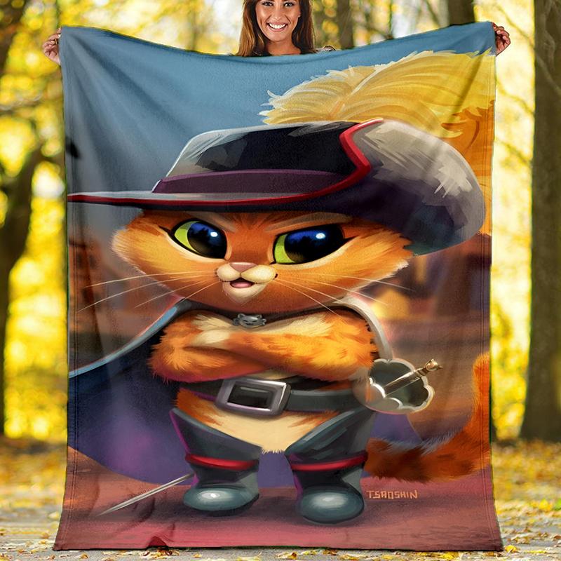 Puss Boots Theme Printed Blanket Perfect For Couch Bed Travel Outdoor Use Machine Washable Cozy Durable