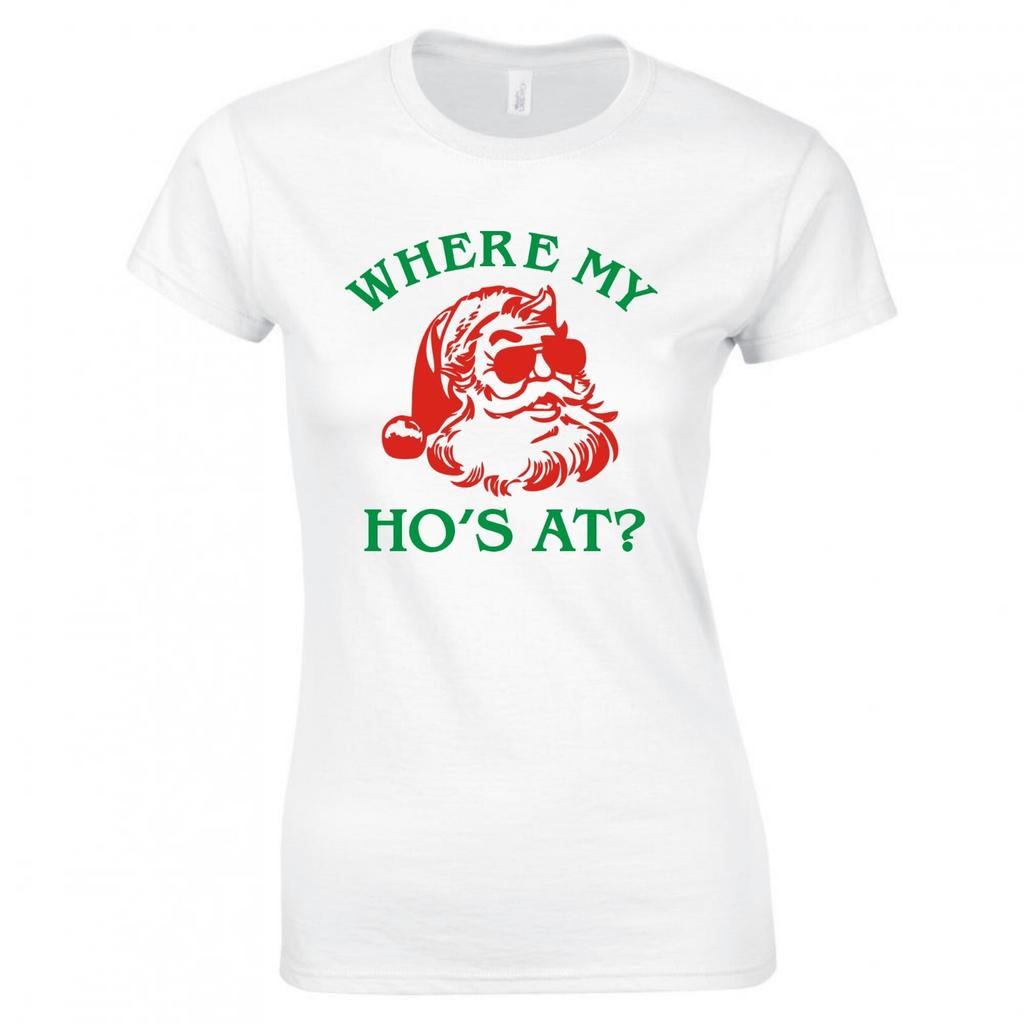 Funny Christmas Wheres My Hos At Ladies Skinny Fit Tshirt