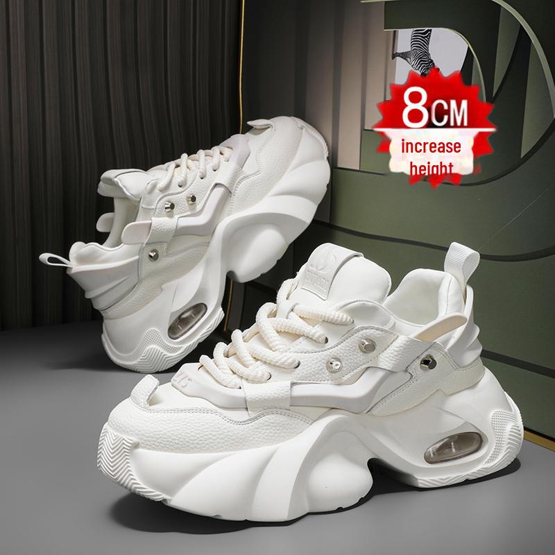 2024 Men's White High-Top Shoes with 12cm Invisible Height Increase, Air Cushion, Thick Sole, Fashionable Dad Sneakers