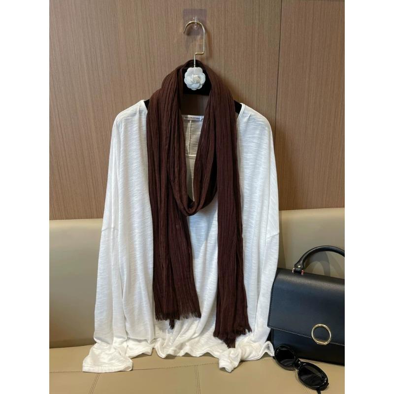 New Thin and Narrow Pleated Solid Color Autumn and Winter Versatile Neck Protection Scarf High-end Cotton and Linen Scarf with Shawl for Women