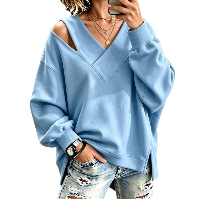 2026 Womens Solid Color Cross-Neck Long Sleeve Loose Hoodie Casual Top
