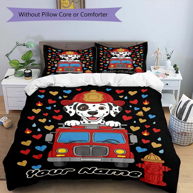 3PC Custom Name Fire Truck Adventure Bedding Set Duvet Cover Closure Includes 1 Duvet Cover & 2 Pillowcases for Bedroom