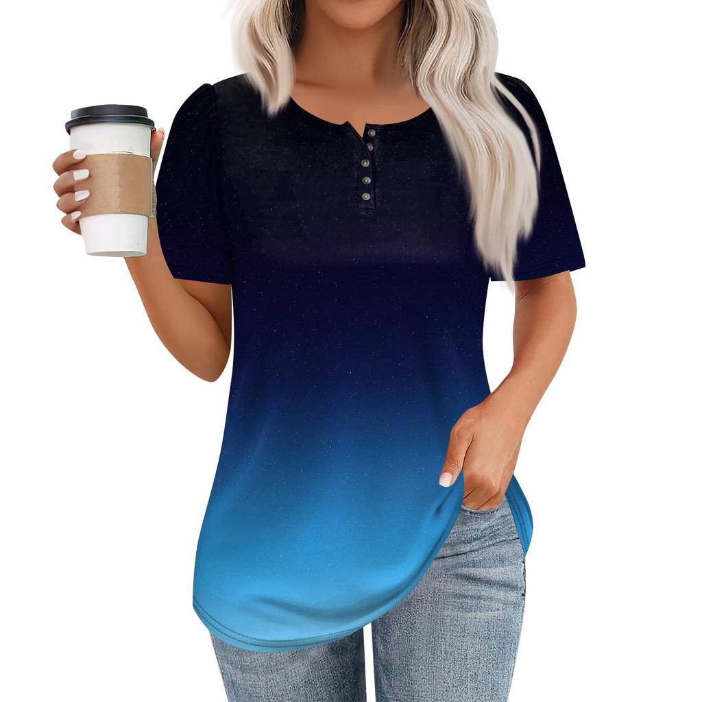 Женский модный повседневный короткий рукав пуловер с принтом на пуговицах и круглым вырезом