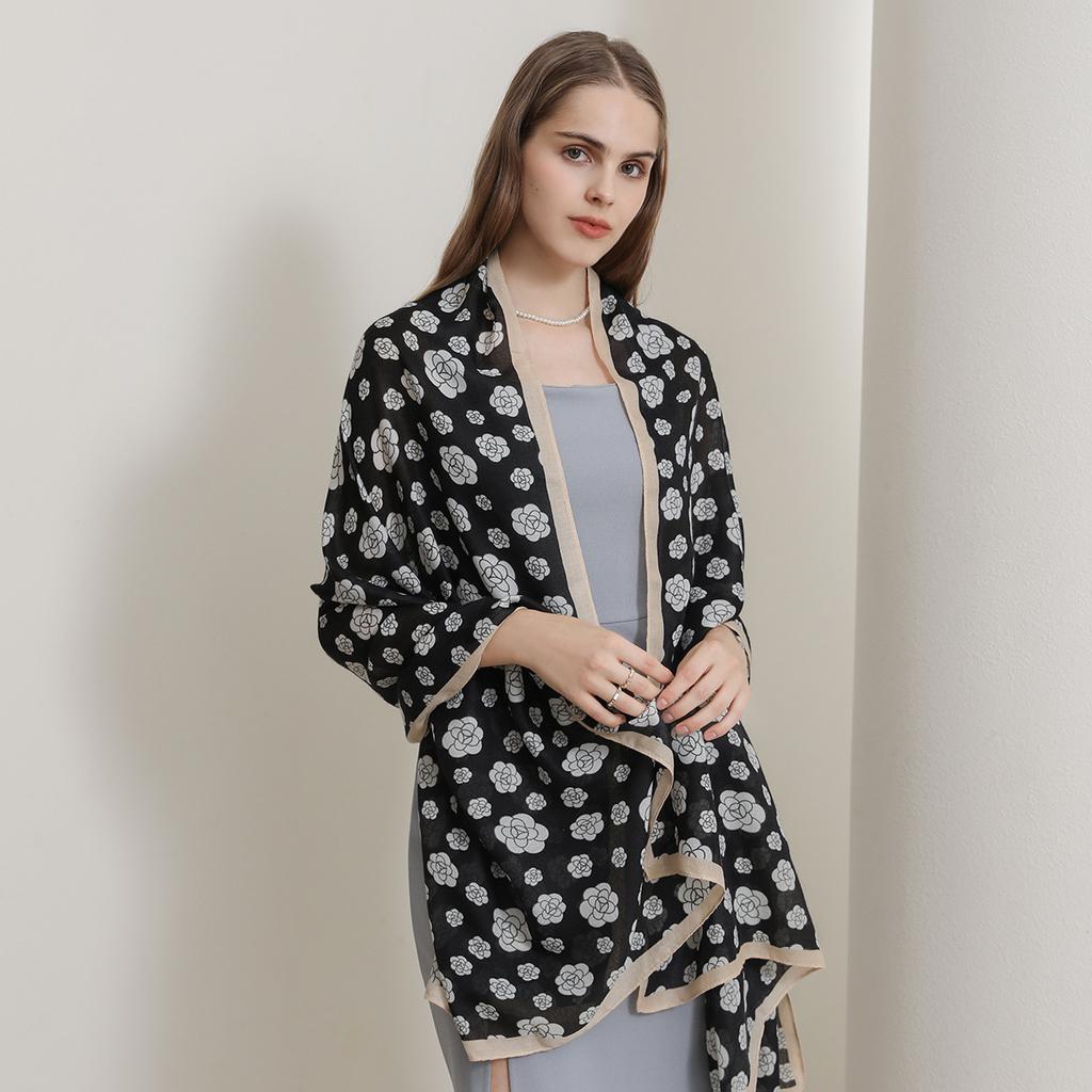 New Camellia Black and White Silk Scarf Cotton and Linen Feel Scarf Autumn and Winter Warm Fashion Shawl Scarf