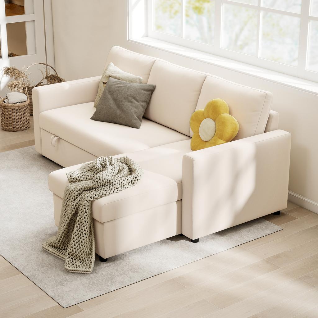 Convertible modular corner sofa with reversible chaise longue, storage chest and 3 backrest cushions, cream