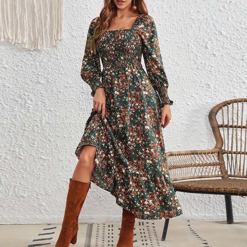 Женское платье с цветочным принтом, квадратным вырезом, длинными рукавами и оборкой по низу