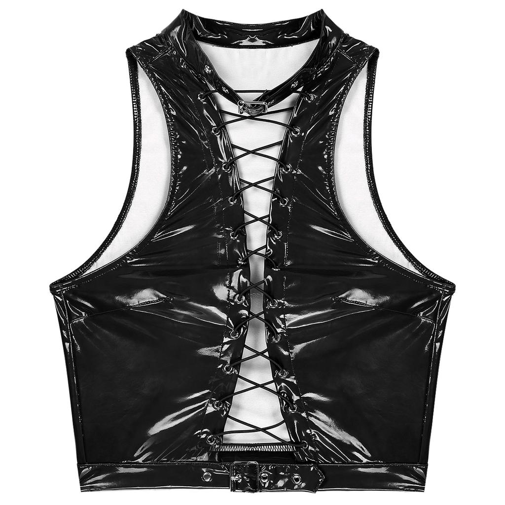 Women Shiny PU Leather Hollow Out Crop Top Sleeveless Lace Up Tank Top Clubwear