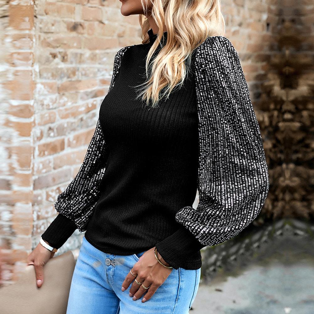 Womem осенне-зимний вязаный топ с высоким воротником и длинными рукавами и блестками, однотонный свитер