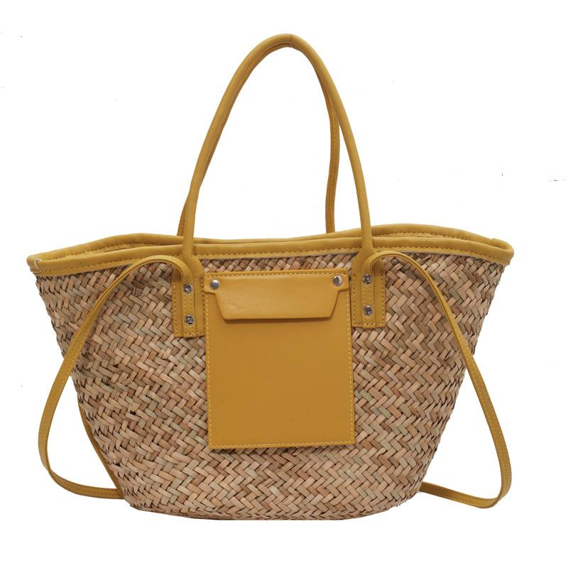 Summer Handmade Bags for Women Large Capacity Straw Fabric Basket Tote Top Handle Handbags Lady Beach Hand Bags