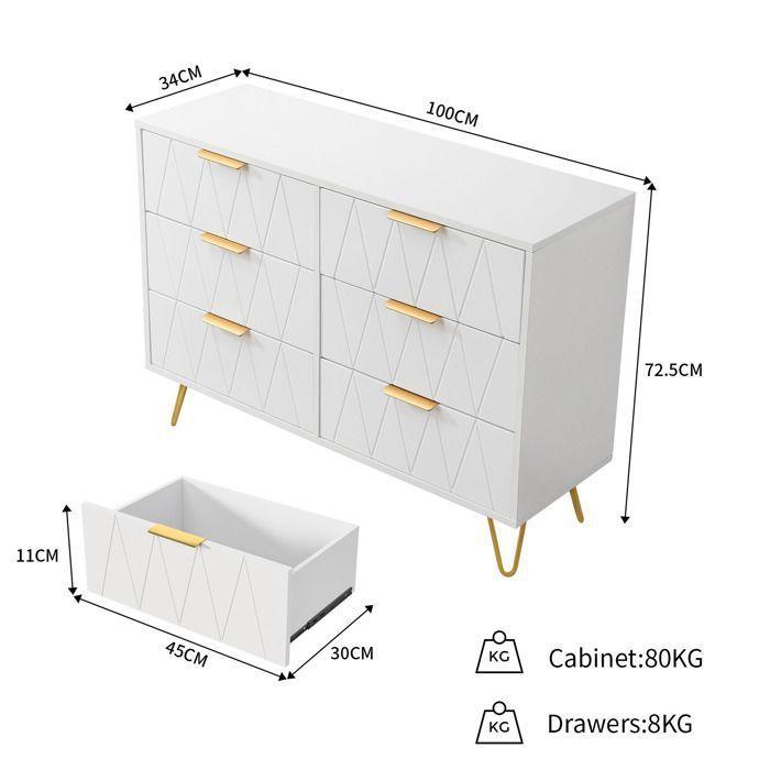 Commode - SOMUBI - Modèle losange - 6 tiroirs - Design élégant - Blanc