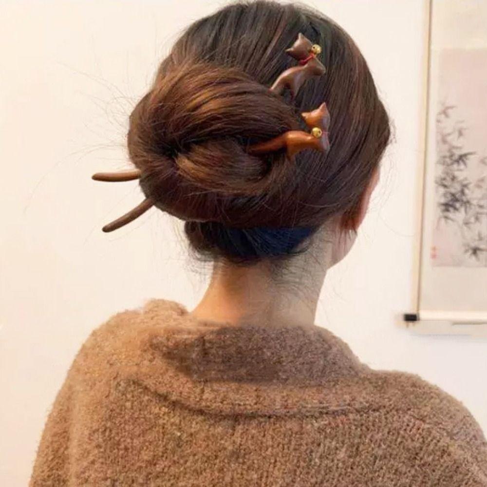 Wooden Chinese Hanfu Style Hair Clip Bell Cartoon Aniaml Hairpin Elegant Cat Hair Stick  Hanfu
