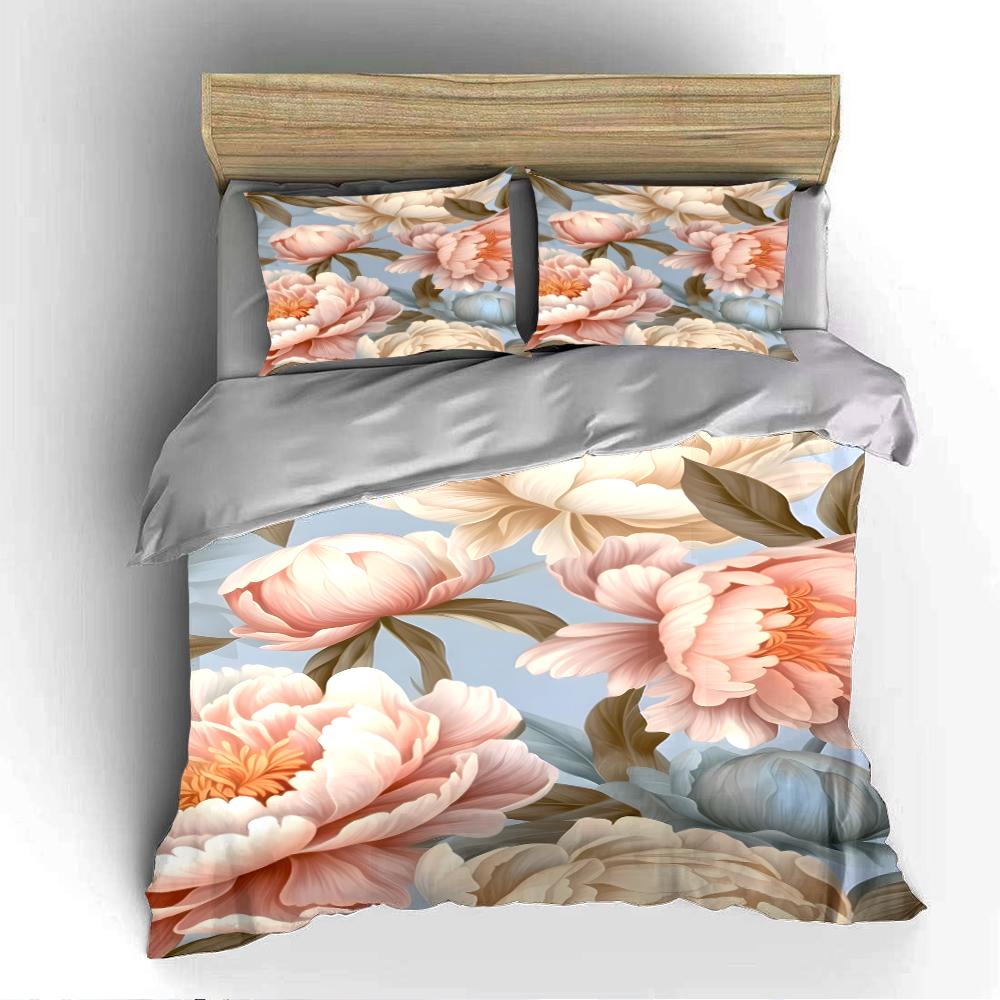Pastel Floral Peony Print Bedding Set Bedding set (1 duvet cover, 2 pillowcases, duvet not included)