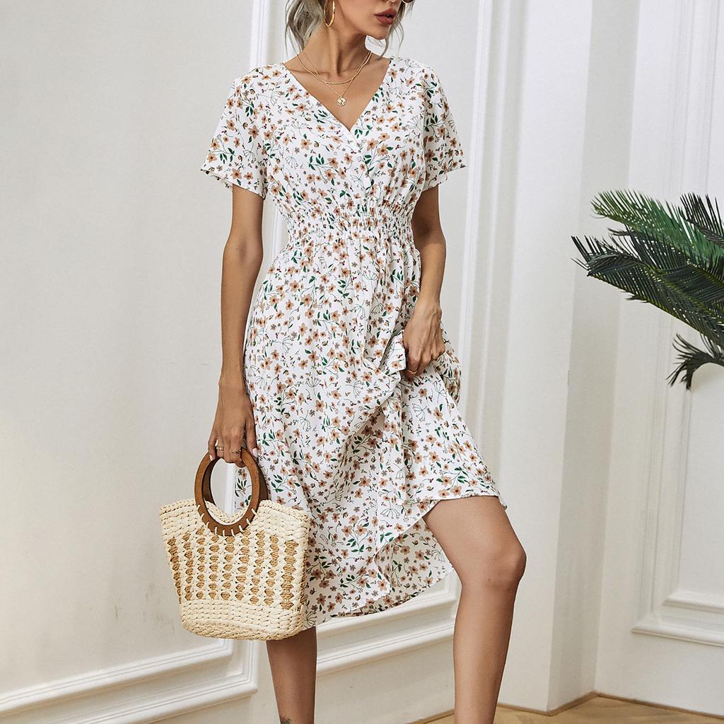 Модная женская повседневная юбка-миди с v-образным вырезом и принтом, платье с эластичной резинкой на талии