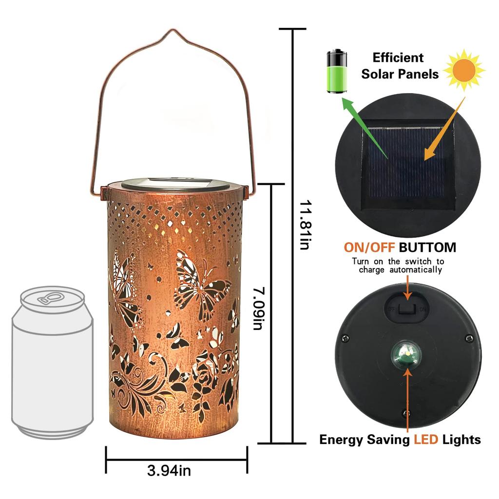 Solar Lanterns Outdoor Hanging Lantern Lights, Butterfly Hollowed-Out Metal Decor Lantern, Waterproof LED Decorative Garden Light