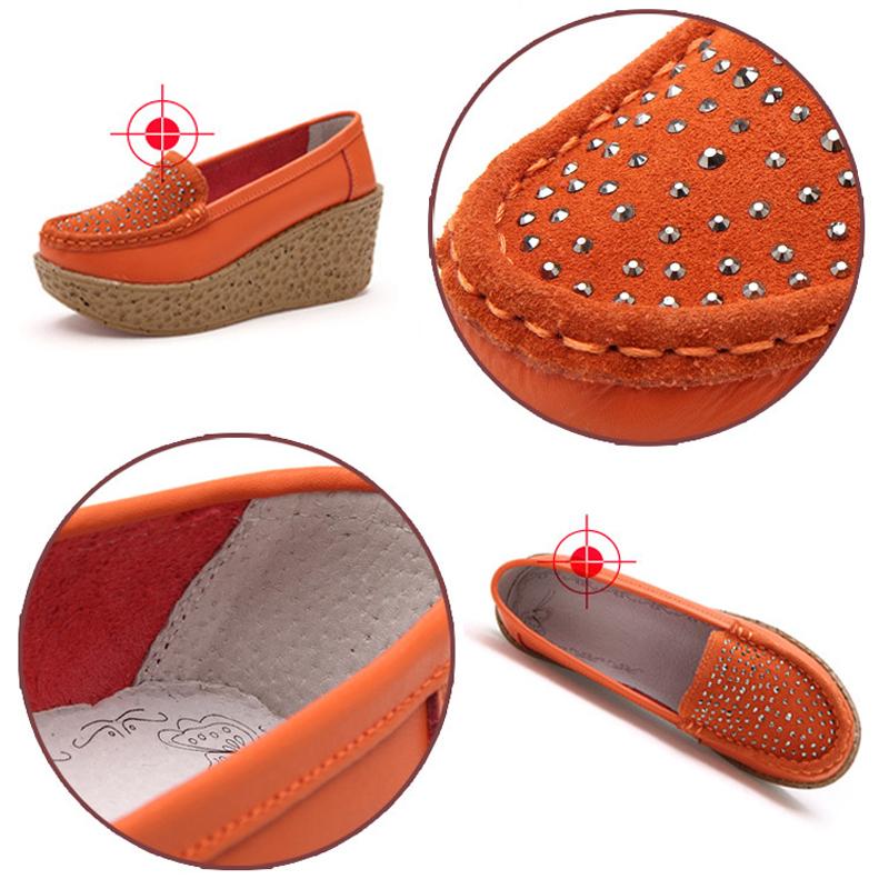 Женские туфли из натуральной кожи на танкетке, женские туфли без шнуровки на плоской подошве с кристаллами, высокий каблук 7 см, толстая подошва, повседневные лоферы на мелкой подошве, новинка