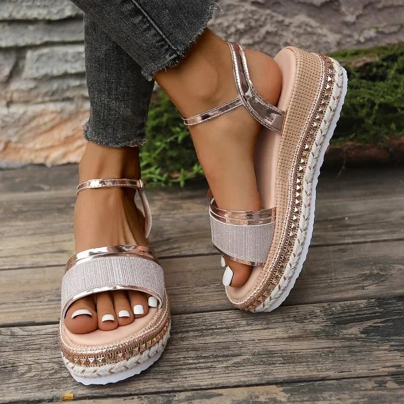 Женская обувь Женские сандалии с пряжкой на ремне Модные повседневные сандалии с открытым носком Женские летние босоножки на танкетке больших размеров