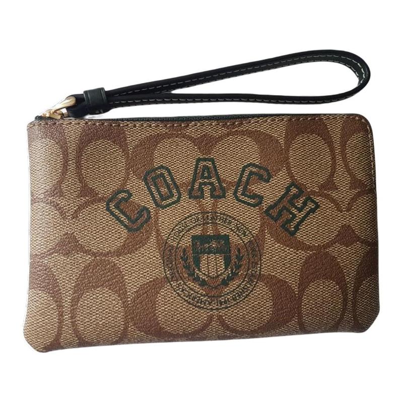 Coach Угловая молния 16 Классическая Старый Цветочный Принт Застежка-молния Покрытый холст и Кожаная Сумка на запястье Клатч Маленькая Женская Хаки