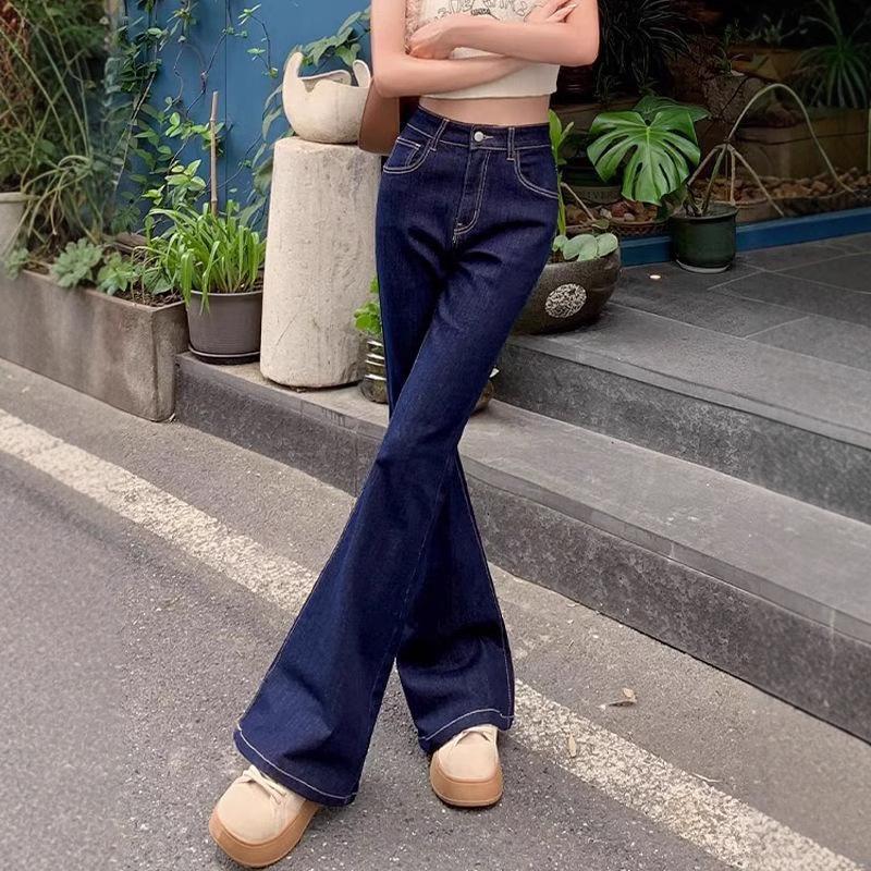 Женские темно-синие джинсы микро-клеш с высокой посадкой - Петит, Стрейч, Слим, Подкова, Длинные брюки для осени