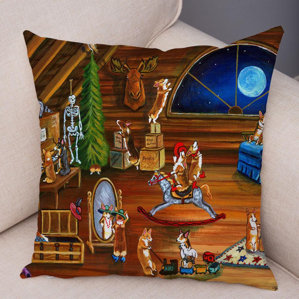 Welsh Corgi Pembroke Soft Plush Cushion Cover for Sofa Children Room Decor Cartoon Animal Pillowcase Oil Painting Pillow Case