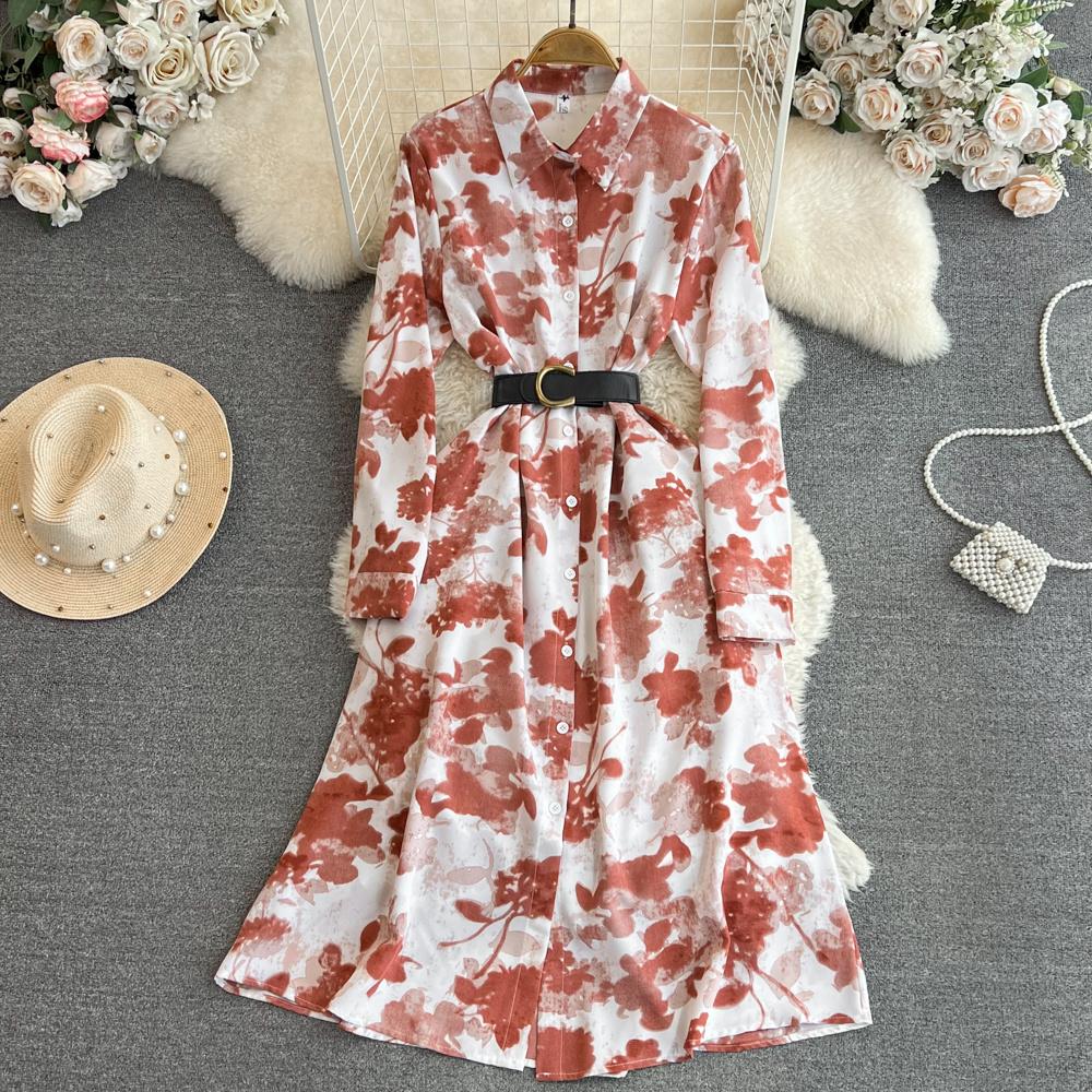 Новое осеннее модное женское платье с цветочным принтом, однобортное однобортное трапециевидное платье с отложным воротником и длинными рукавами, винтажные вечерние платья миди