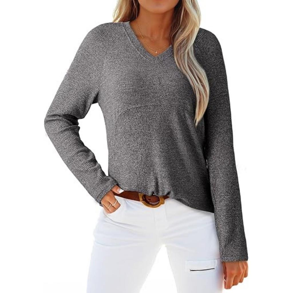 Женский однотонный топ с V-образным вырезом и длинными рукавами