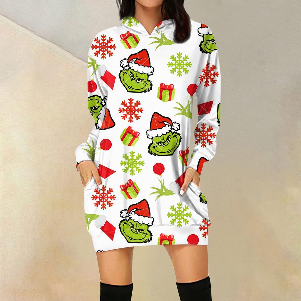 Женская свободная повседневная толстовка с капюшоном и карманом с длинными рукавами с рождественским принтом, длинный топ