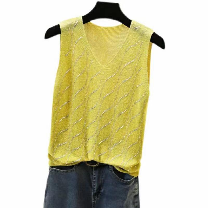 2023 Блестящий шелковый женский жилет без рукавов с V-образным вырезом - Новый стиль весна/лето, свободный крой с вязаным дизайном на бретелях с горячими бриллиантами