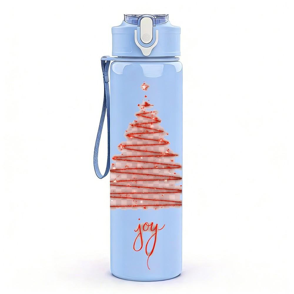1PC Thin Line Red Christmas Tree Print 750ml Color Plastic Sports Water Bottle Leakproof Flip Straw Lid Suitable for Sports Office Home Use